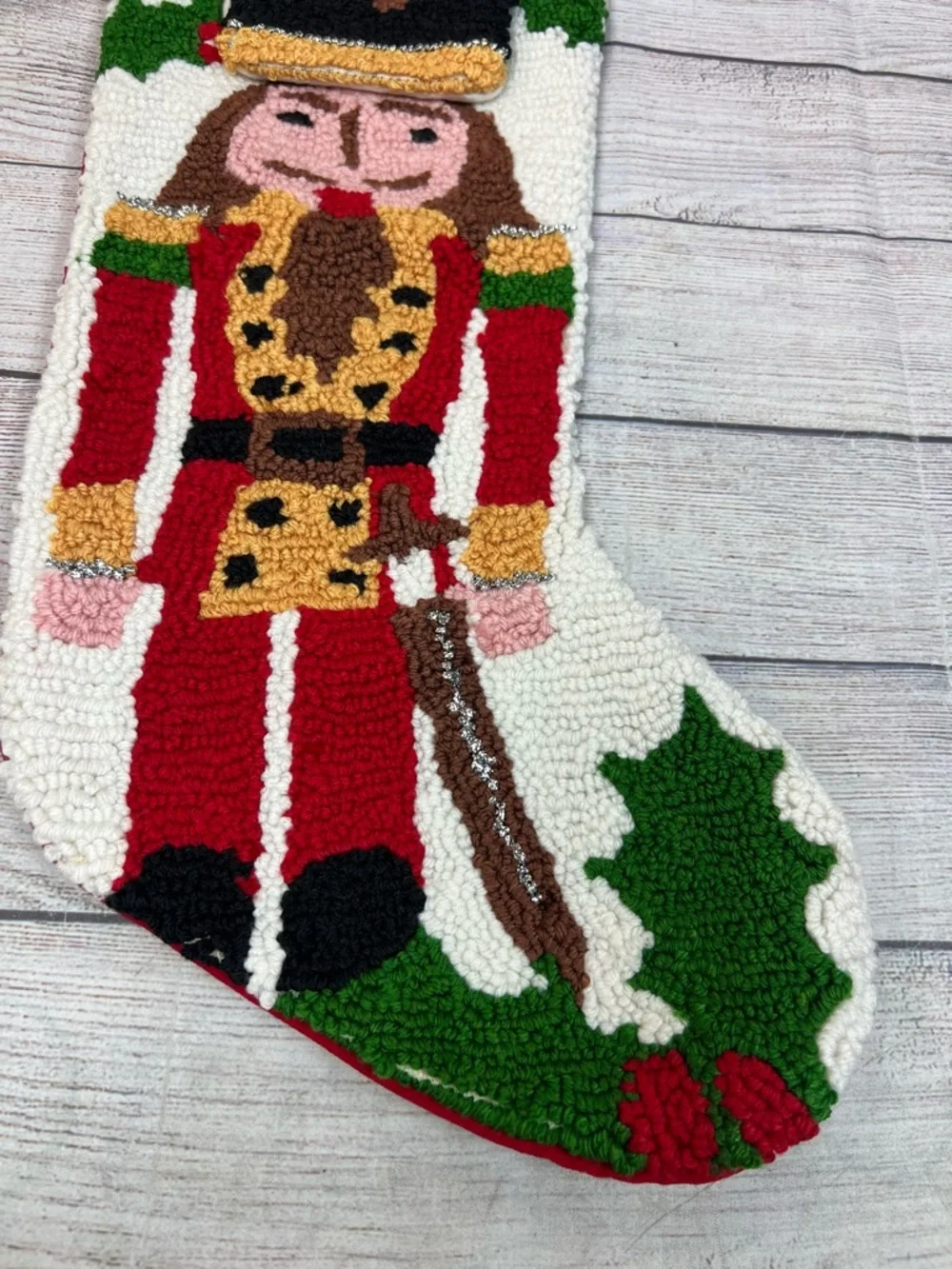 Pier 1 Imports Nutcracker Christmas Stocking Hooked Rug Yarn 3D Hat Holiday